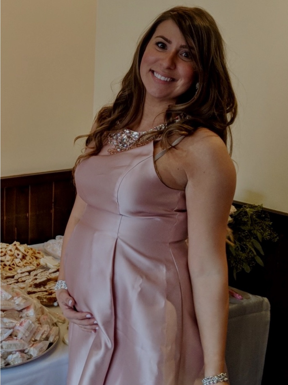 Beaded Neckline Blush Pink Satin Dress Adrianna Papell